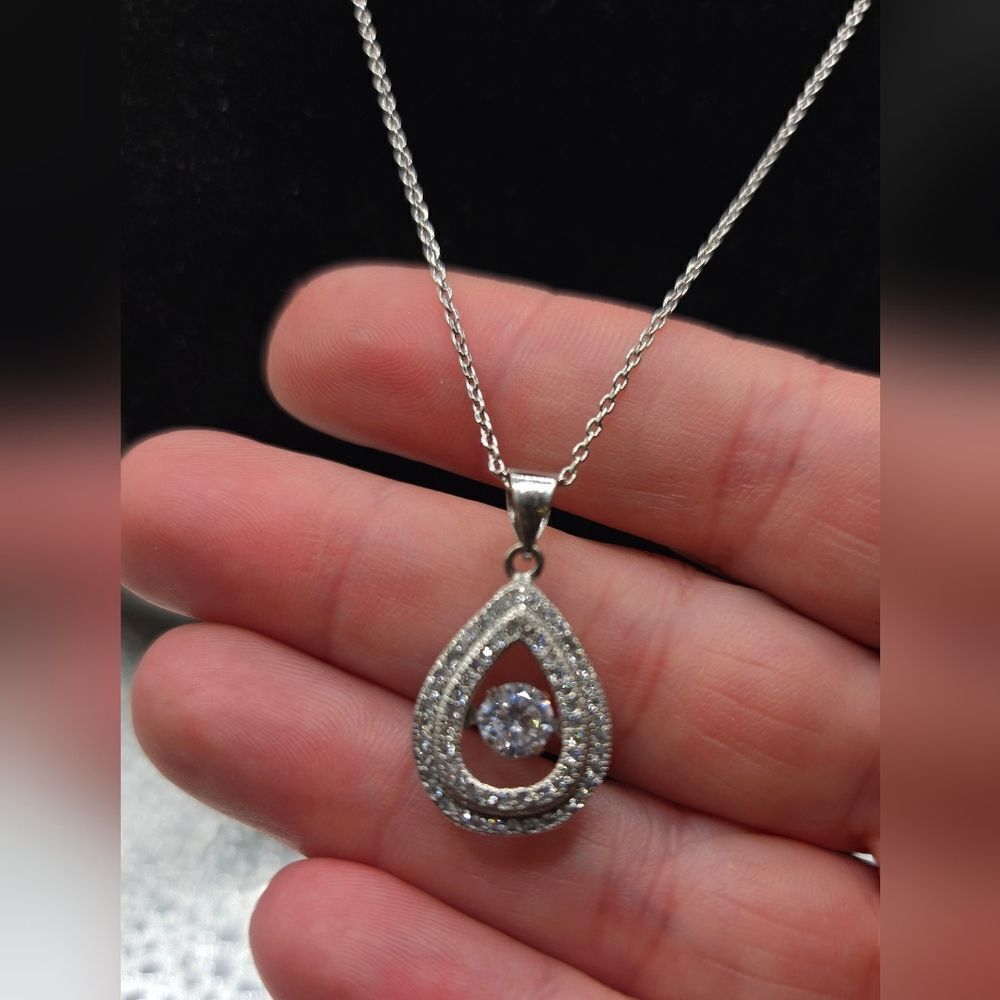 "5/$40" Rhinestone Silverplate Teardrop Floating Pendant Chain Necklace 18"